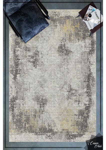 Woolly Hardal-Gri Tonlu Kanvas Desenli Halı (Makinada Yıkanabilir Kaymaz Dod Taban) - ES597