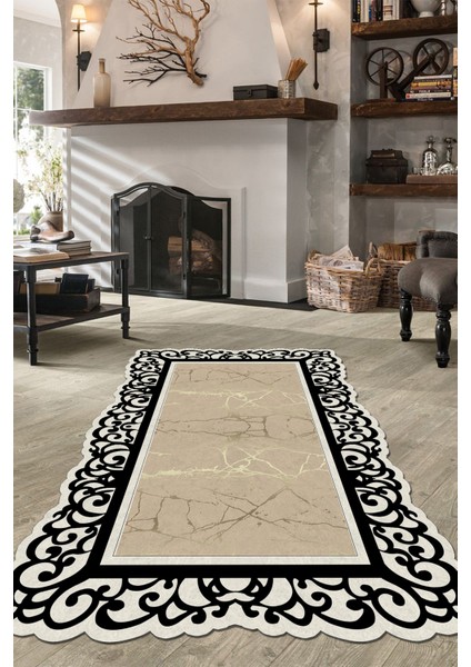Woolly Gold Mermer Desenli Siyah Lazer Kesim Halı (Makinada Yıkanabilir Kaymaz Dot Taban) - ES1165