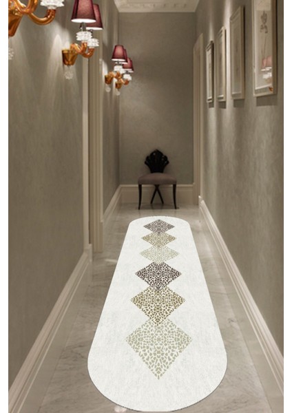 Woolly Kare Taş Desenli Beyaz Oval Halı (Kaymaz Dod Taban Makinada Yıkanabilir 120X400) - ES1062