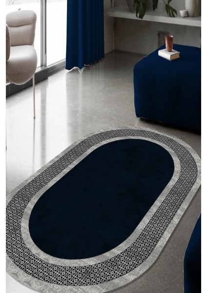Woolly Etnik Desenli Gri-Lacivert Oval Halı (Makinada Yıkanabilir Kaymaz Dot Taban) - ES1140
