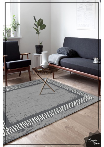 Woolly Gri Zincir Desenli Eskitme Halı (Kaymaz Dod Taban Makinada Yıkanabilir) -ES1082
