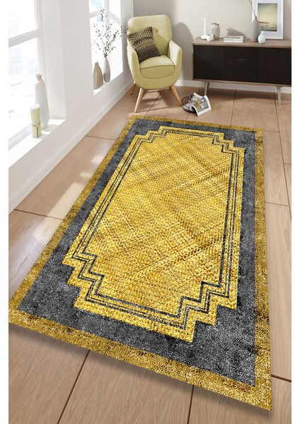 Woolly Gold-Gri Jüt Desenli Halı (Makinada Yıkanabilir Kaymaz Dot Taban) - ES1268