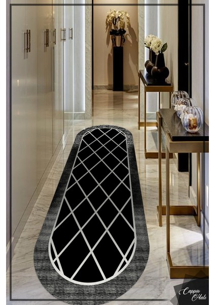 Woolly Gümüş Çapraz Çizgili Oval Halı (Makinada Yıkanabilir Kaymaz Dod Taban) - ES1021