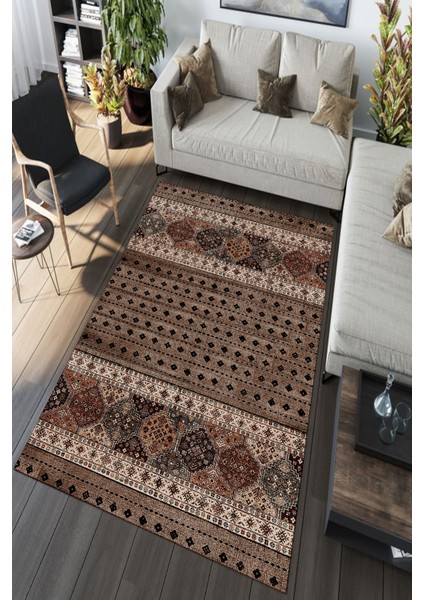 Woolly Kahve Afgan Desenli Halı (Makinada Yıkanabilir Kaymaz Dot Taban) - ES1138