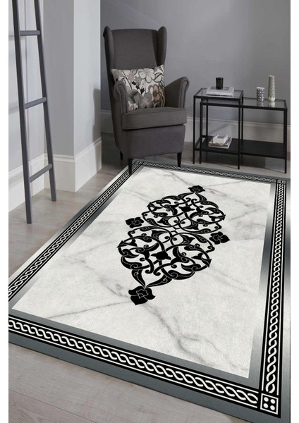 Woolly Gri Çerçeveli Mermer Zeminli Halı (Makinada Yıkanabilir Kaymaz Dot Taban) - ES1135