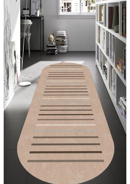 Woolly Çizgili Kahverengi Tonlu Oval Halı (Makinada Yıkanabilir Kaymaz Dod Taban) - ES629
