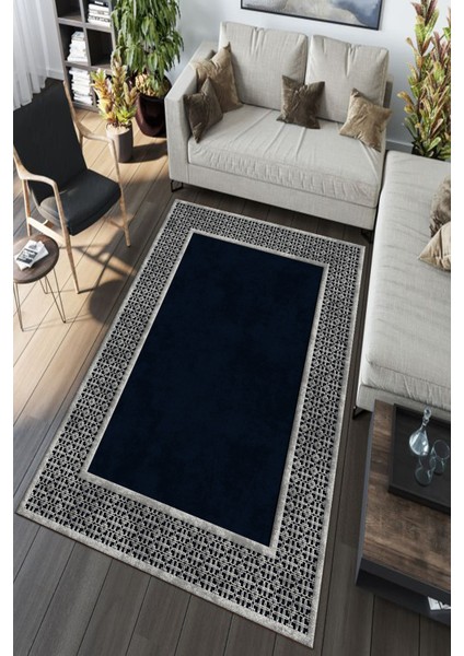 Woolly Etnik Desenli Gri-Lacivert Halı (Makinada Yıkanabilir Kaymaz Dot Taban) - ES1140