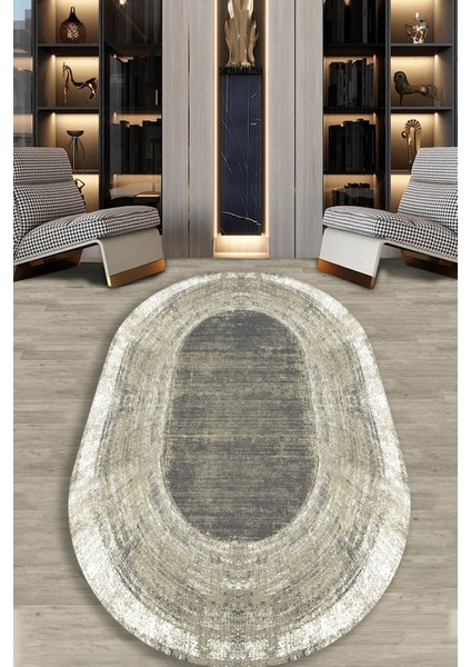 Woolly Kahverengi-Gri Eskitme Desenli Oval Halı (Makinada Yıkanabilir Kaymaz Dot Taban) - ES1234-2