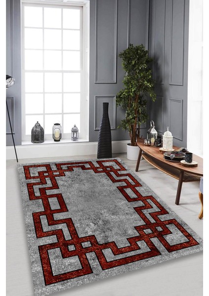 Woolly Kırmızı Labirent Motifli Gri Halı (Makinada Yıkanabilir Kaymaz Dot Taban) - ES1281