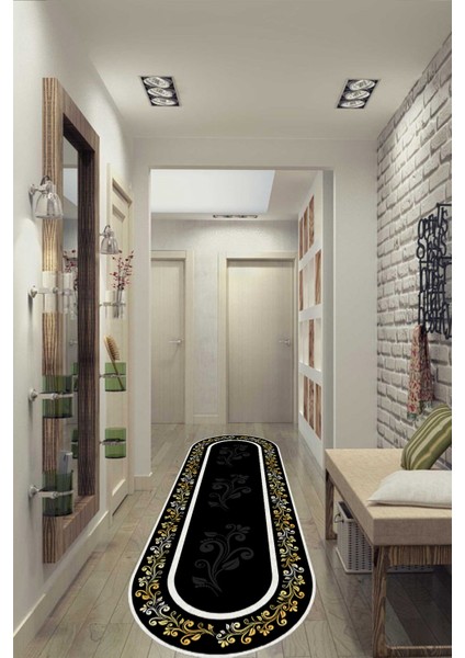 Woolly Kenarı Çiçek Motifli Çerçeveli Siyah Oval Halı (Makinada Yıkanabilir Kaymaz Dod Taban) - ES548