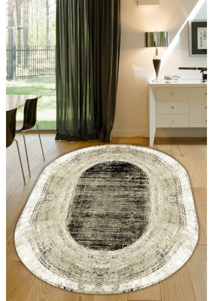 Woolly Kahverengi-Siyah Eskitme Desenli Oval Halı (Makinada Yıkanabilir Kaymaz Dot Taban) - ES1238-2