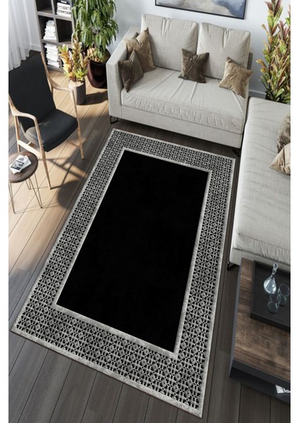 Woolly Etnik Desenli Gri-Siyah Halı (Makinada Yıkanabilir Kaymaz Dot Taban) - ES1141