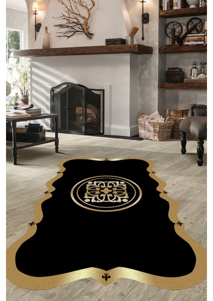 Woolly Lazer Kesim Gold Çerçeveli Siyah Halı (Kaymaz Dod Taban Makinada Yıkanabilir) - ES1072