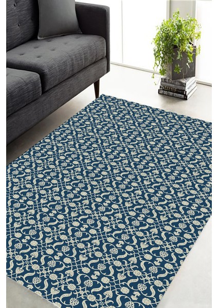 Woolly Lacivert Çiçek Motifli Makinada Yıkanabilir Halı - ES521