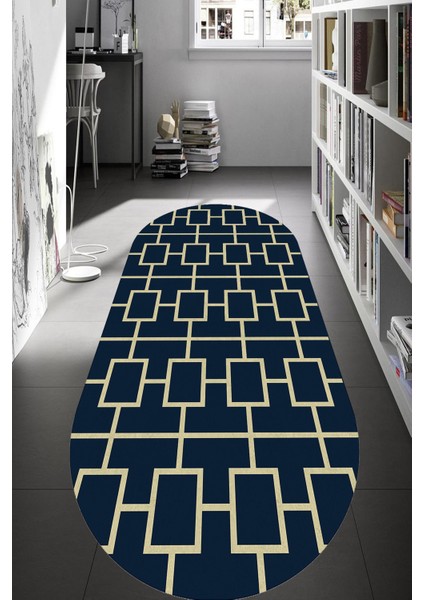 Woolly Lacivert Kutu Desenli Oval Halı (Makinada Yıkanabilir Kaymaz Dod Taban) - ES551