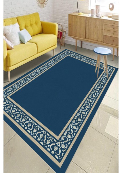 Woolly Lacivert Kenarı Çiçek Motifli Halı (Makinada Yıkanabilir) - ES520