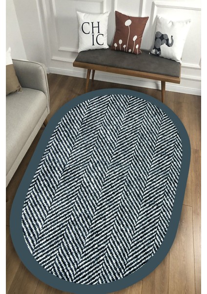 Woolly Mavi Çerçeveli Çizgisel Oval Halı (Makinada Yıkanabilir Kaymaz Dot Taban) - ES1247-2