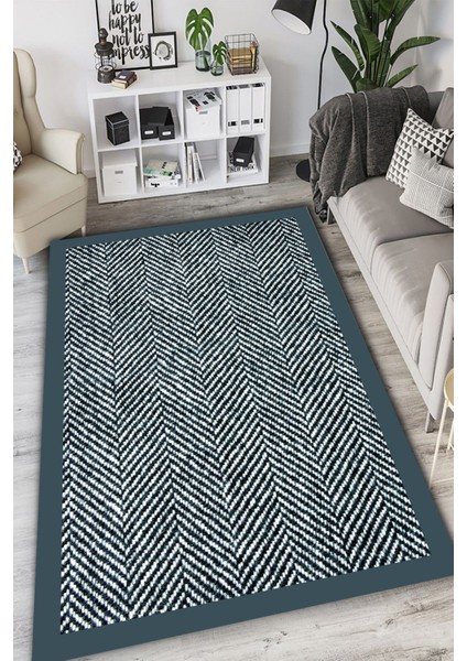 Woolly Mavi Çerçeveli Çizgisel Halı (Makinada Yıkanabilir Kaymaz Dot Taban) - ES1247