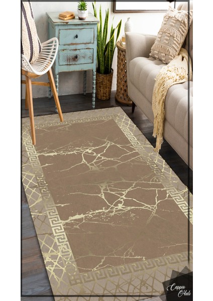 Woolly Mermer Desenli Çerçeveli Açık Kahve-Gold Halı (Makinada Yıkanabilir Kaymaz Dot Taban) - ES1106