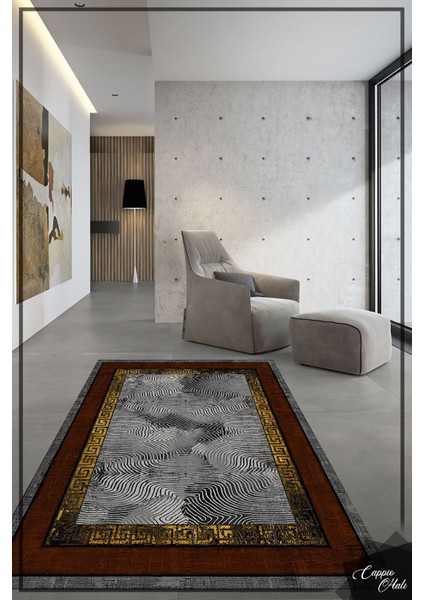 Woolly Modern Çizgili Gold Zincirli Halı (Makinada Yıkanabilir Kaymaz Dod Taban) - ES1043