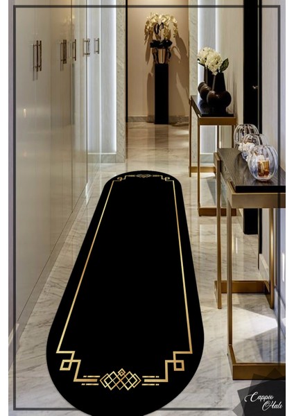 Esta Gold Çerçevesi Motifli Siyah Oval Halı (Kaymaz Dod Taban Makinada Yıkanabilir 100X400) - ES1054