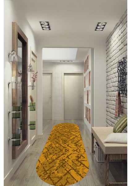 Esta Hardal Çapraz Desenli Eskitme Oval Halı (Makinada Yıkanabilir Kaymaz Dod Taban) - ES533
