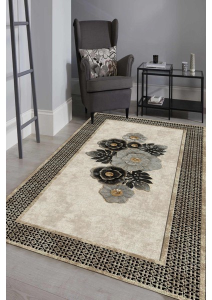 Esta Etnik Desenli Çiçek Motifli Krem Halı (Makinada Yıkanabilir Kaymaz Dot Taban) - ES1145