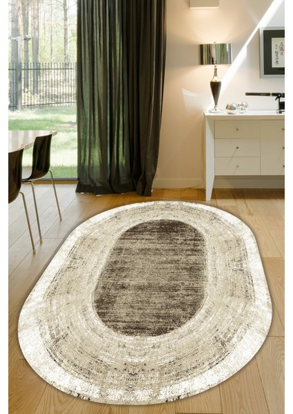 Esta Kahverengi Eskitme Desenli Oval Halı (Makinada Yıkanabilir Kaymaz Dot Taban) - ES1237-2