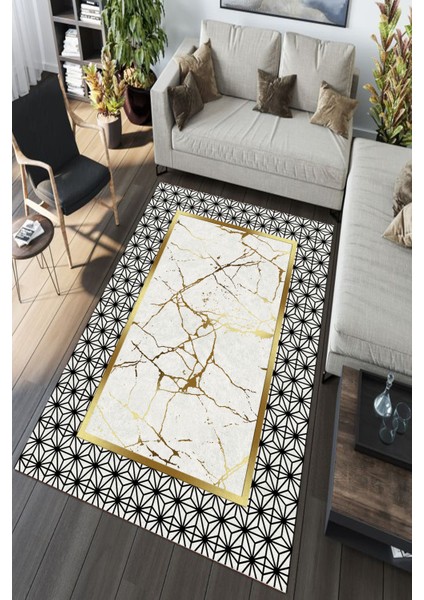 Esta Gold Mermer Desenli Geometrik Halı (Makinada Yıkanabilir Kaymaz Dot Taban) - ES1181
