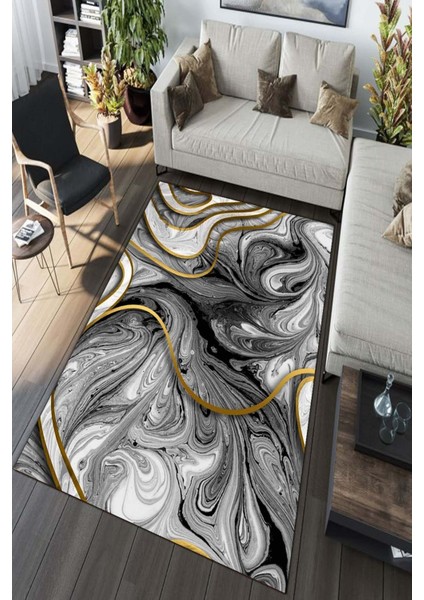 Esta Gümüş-Gold Ebru Desenli Halı (Makinada Yıkanabilir Kaymaz Dot Taban) - ES1326