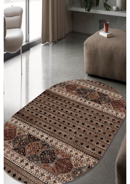 Esta Kahve Afgan Desenli Oval Halı (Makinada Yıkanabilir Kaymaz Dot Taban) - ES1138