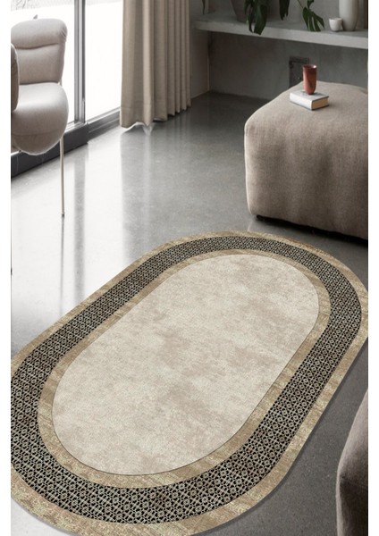 Esta Etnik Desenli Krem Oval Halı (Makinada Yıkanabilir Kaymaz Dot Taban) - ES1144