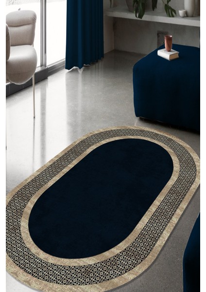 Esta Etnik Desenli Krem-Lacivert Oval Halı (Makinada Yıkanabilir Kaymaz Dot Taban) - ES1143