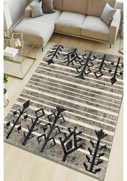 Esta Gri-Krem Etnik Desenli Halı (Makinada Yıkanabilir Kaymaz Dot Taban) - ES1208