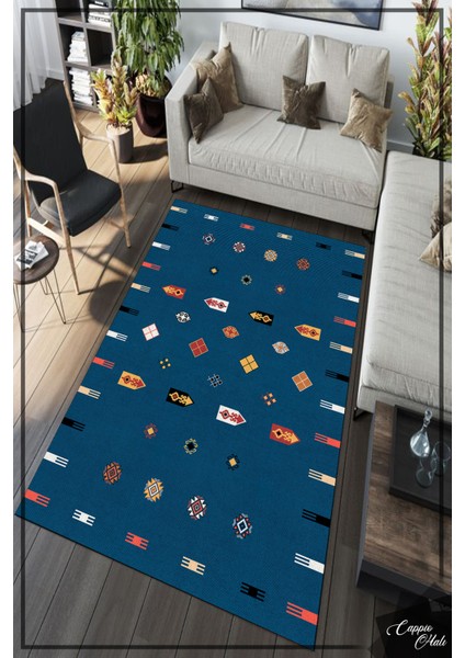 Esta Mavi Kilim Desenli Halı (Kaymaz Dod Taban Makinada Yıkanabilir 120X200) - ES648