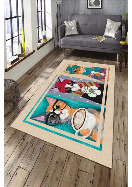 Esta Kedi Desenli Halı (Makinada Yıkanabilir Kaymaz Dod Taban) - ES386