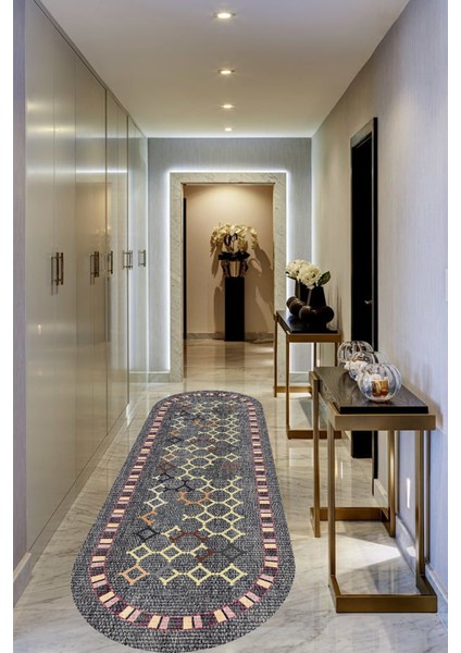 Esta Gri Kilim Desenli Oval Halı (Makinada Yıkanabilir Kaymaz Dod Taban) - ES625