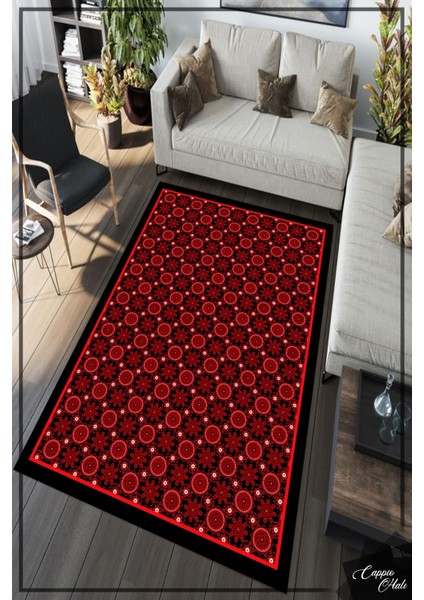 Esta Kırmızı Çiçek Motifli Kilim Desenli Halı (Kaymaz Dod Taban Makinada Yıkanabilir 80X450) - ES645