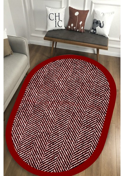 Esta Kırmızı Çerçeveli Çizgisel Oval Halı (Makinada Yıkanabilir Kaymaz Dot Taban) - ES1245-2