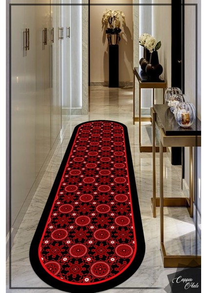 Esta Kırmızı Çiçek Motifli Kilim Desenli Oval (Kaymaz Dod Taban Makinada Yıkanabilir 160X300) - ES645
