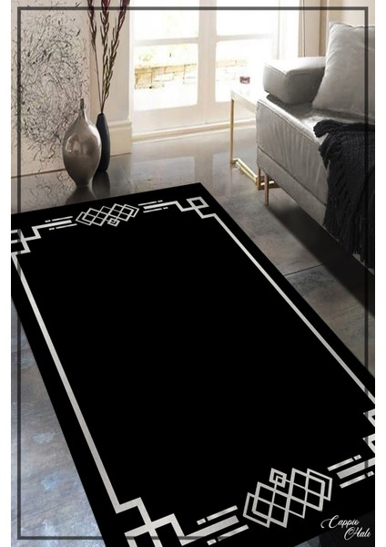 Esta Gümüş Çerçevesi Motifli Siyah Halı (Kaymaz Dod Taban Makinada Yıkanabilir 150X160) - ES1057