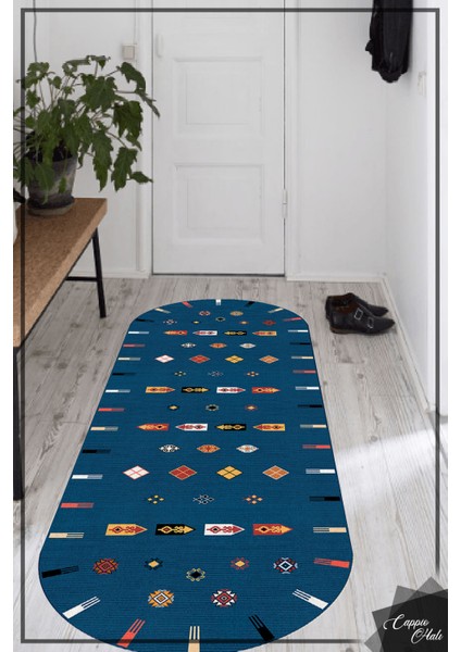 Esta Mavi Kilim Desenli Oval Halı (Kaymaz Dod Taban Makinada Yıkanabilir 80X80) - ES648