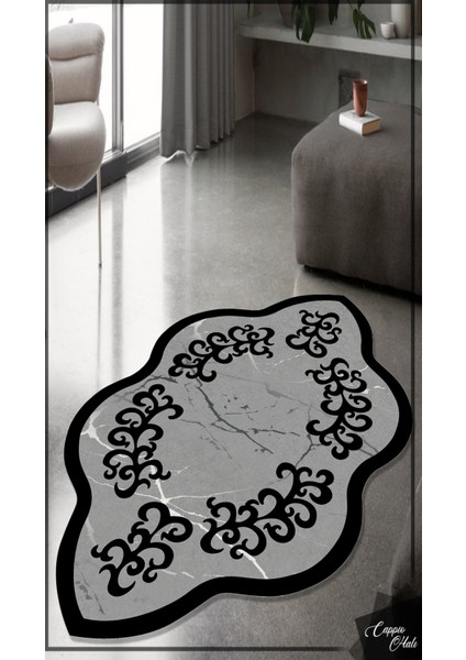 Esta Mermer Desenli Gri-Siyah Lazer Kesim Halı (Makinada Yıkanabilir Kaymaz Dot Taban) - ES1117