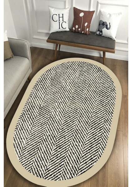 Esta Krem Çerçeveli Çizgisel Oval Halı (Makinada Yıkanabilir Kaymaz Dot Taban) - ES1246-2