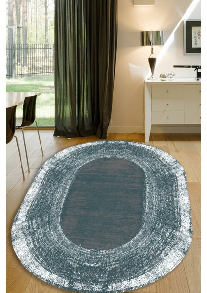 Esta Mavi Eskitme Desenli Oval Halı (Makinada Yıkanabilir Kaymaz Dot Taban) - ES1236-2