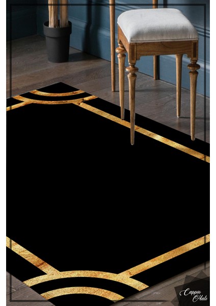 Esta Gold Modern Çerçeveli Desenli Siyah Halı (Makinada Yıkanabilir Kaymaz Dod Taban) -ES1019