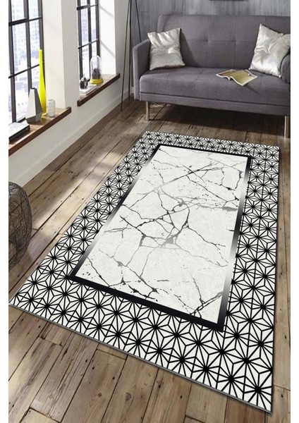Esta Gümüş Mermer Desenli Geometrik Halı (Makinada Yıkanabilir Kaymaz Dot Taban) - ES1182