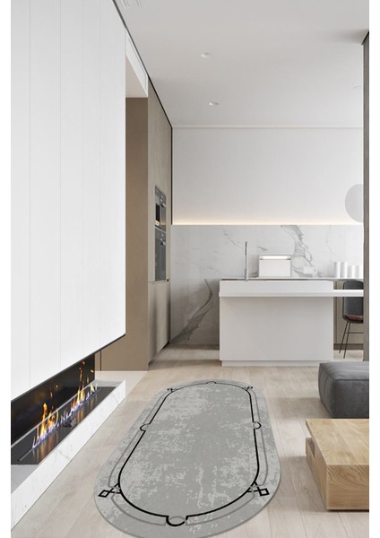 Esta Modern Kenar Süslemeli Gri Oval Halı (Makinada Yıkanabilir Kaymaz Dod Taban) - ES543