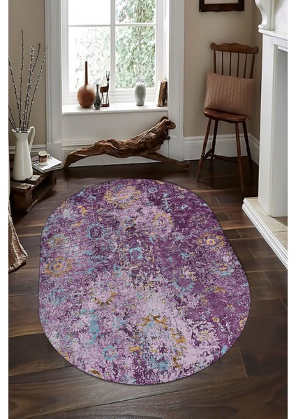 Esta Mor Etnik Desenli Oval Halı (Makinada Yıkanabilir Kaymaz Dot Taban) - ES1303-2