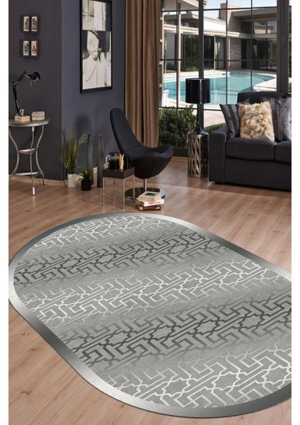 Esta Gri Geçişli Modern Oval Halı (Makinada Yıkanabilir Kaymaz Dot Taban) - ES1148